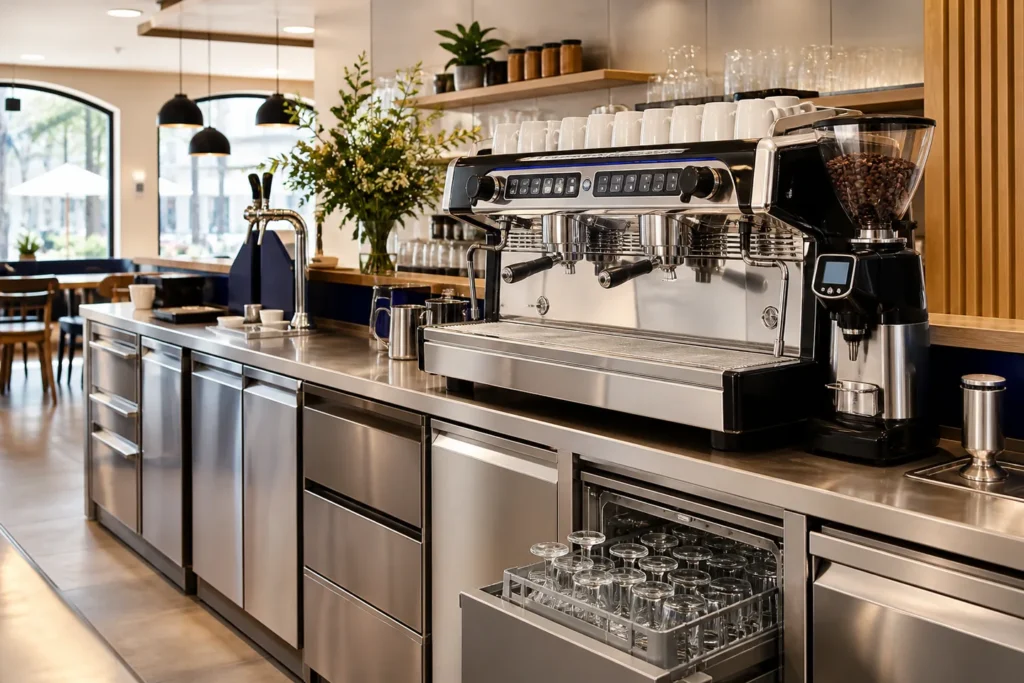 Máquina de café y equipamiento profesional en la barra de una cafetería