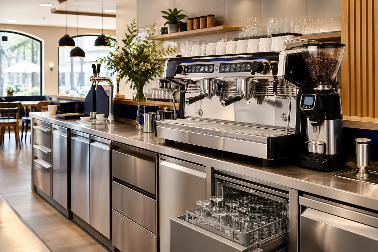 Máquina de café y equipamiento profesional en la barra de una cafetería