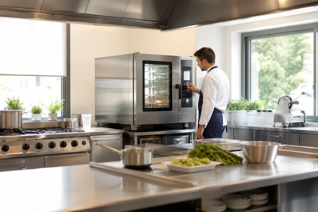 Chef utilizando un horno profesional en una cocina de hostelería