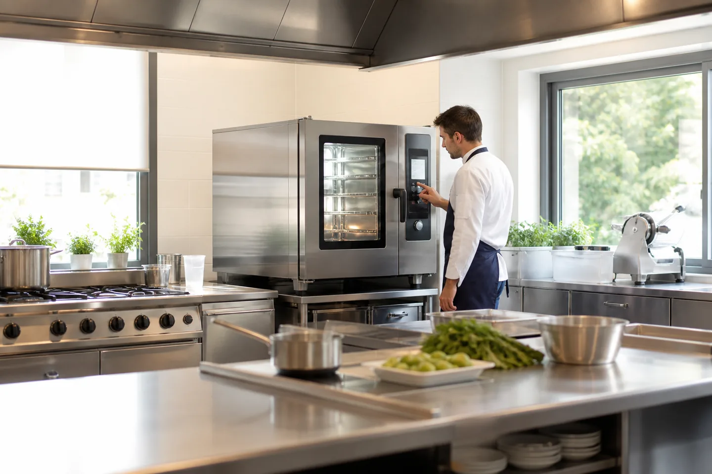 Chef utilizando un horno profesional en una cocina de hostelería