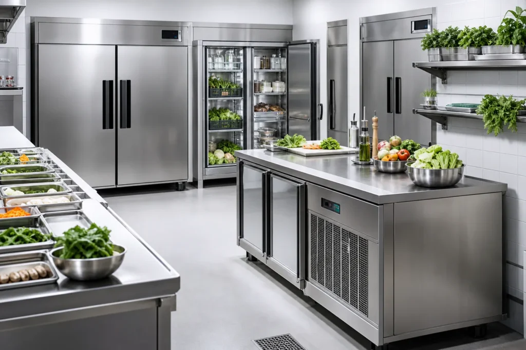 Armarios y mesas de refrigeración profesional en una cocina moderna