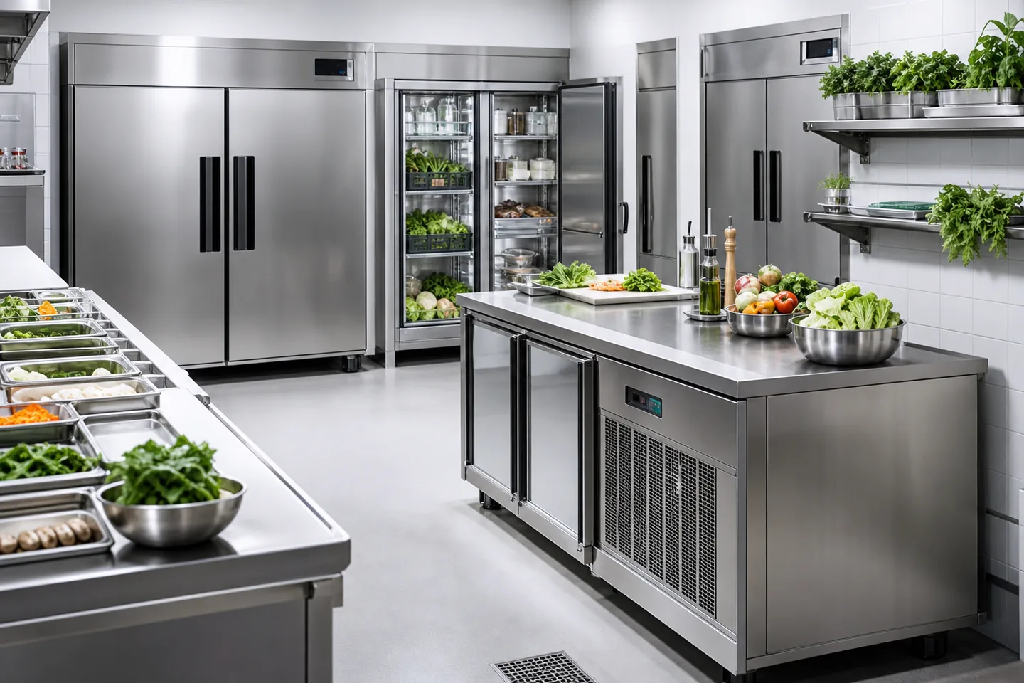 Armarios y mesas de refrigeración profesional en una cocina moderna