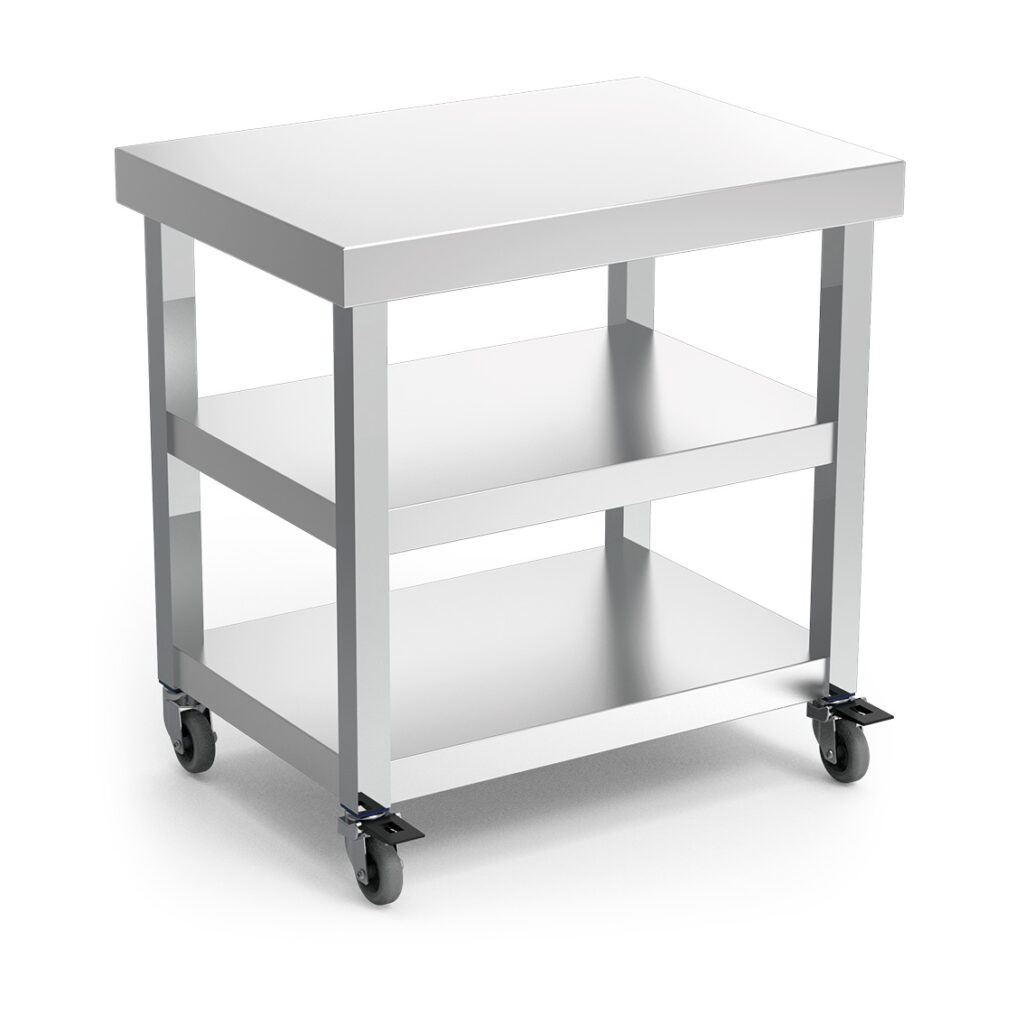 Mesa central acero inoxidable con ruedas y 2 entrepaños Fricosmos
